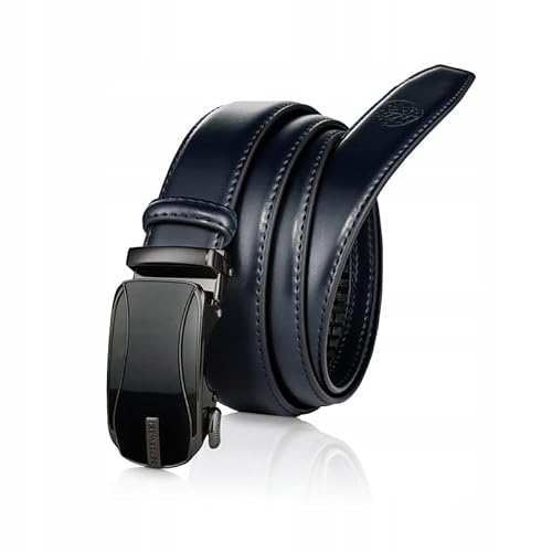 BETLEWSKI - Automatik Gürtel Herren Ledergürtel Herren mit automatische Schnalle- Herren-Gürtel aus Rindsleder mit Kürzungsmöglichkeit - Gürtel aus echt Leder mit Zertifikat - Dunkelblau (135 cm) von BETLEWSKI