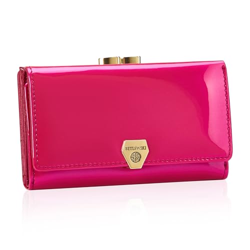 BETLEWSKI Damen Geldbörse Echtleder – Shiny – Mittelgroß – Lackiertes Leder – 13 Kartenfächer – RFID Schutz (Rosa) von BETLEWSKI