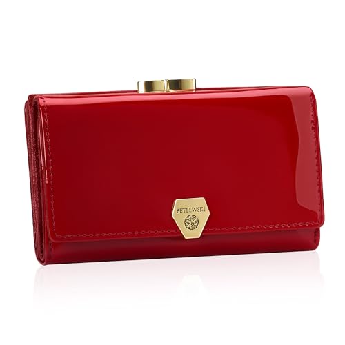 BETLEWSKI Damen Geldbörse Echtleder – Shiny – Mittelgroß – Lackiertes Leder – 13 Kartenfächer – RFID Schutz (Rot) von BETLEWSKI
