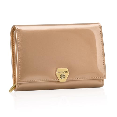 BETLEWSKI Damen Geldbörse Echtleder – Shiny – kleine Größe – Lackiertes Leder – 4 Kartenfächer – RFID Schutz (Golden) von BETLEWSKI