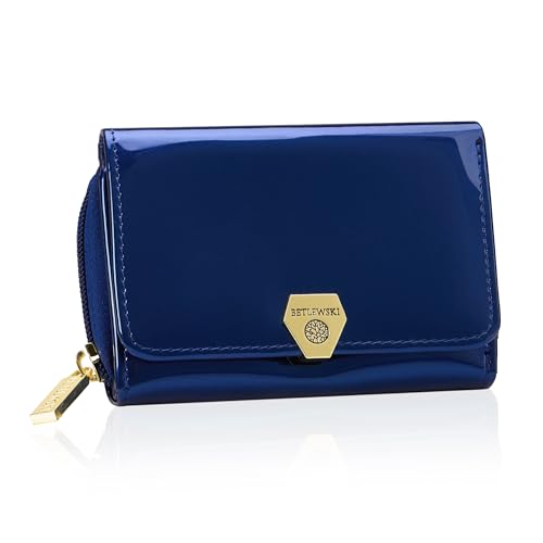 BETLEWSKI Damen Geldbörse Echtleder – Shiny – kleine Größe – Lackiertes Leder – 6 Kartenfächer – RFID Schutz (Blaumarine) von BETLEWSKI