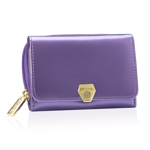 BETLEWSKI Damen Geldbörse Echtleder – Shiny – kleine Größe – Lackiertes Leder – 6 Kartenfächer – RFID Schutz (Lila) von BETLEWSKI