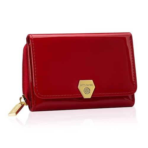 BETLEWSKI Damen Geldbörse Echtleder – Shiny – kleine Größe – Lackiertes Leder – 6 Kartenfächer – RFID Schutz (Rot) von BETLEWSKI