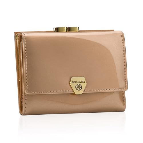 BETLEWSKI Damen Geldbörse Echtleder – Shiny – kleine – Lackiertes Leder – 6 Kartenfächer – RFID Schutz (Golden) von BETLEWSKI