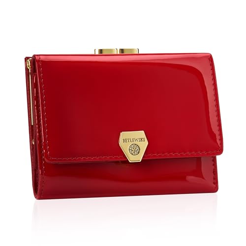 BETLEWSKI Damen Geldbörse Echtleder – Shiny – kleine – Lackiertes Leder – 6 Kartenfächer – RFID Schutz (Rot) von BETLEWSKI