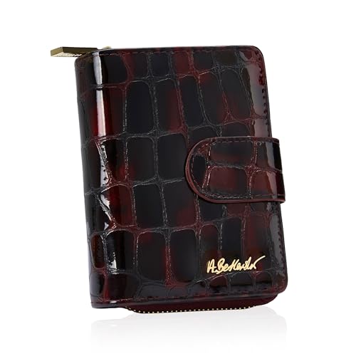 BETLEWSKI Damen Geldbörse - Retro - Echtleder - RFID Schutz - Lackleder - Geldbörse - Druckknopfverschluss - Schwarz - Goldene Details 10x13x4 cm von BETLEWSKI