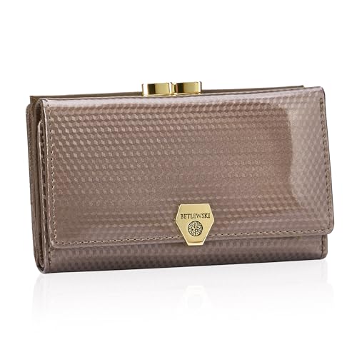 BETLEWSKI Damen Geldbörse echtes Leder – Pixie – Portemonnaie – Lackleder – Farbe Braun – viele Kartenfächer von BETLEWSKI