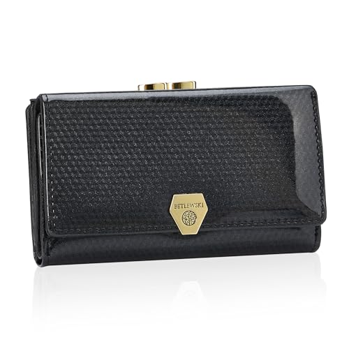 BETLEWSKI Damen Geldbörse echtes Leder – Pixie – Portemonnaie – Lackleder – Farbe Schwarz– viele Kartenfächer von BETLEWSKI