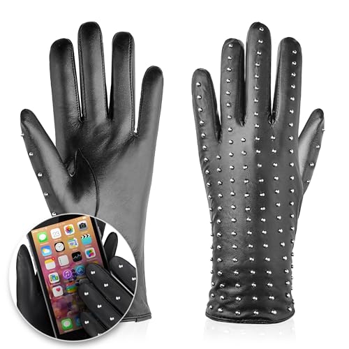 BETLEWSKI - Damen Handschuhe aus Schafsleder gefüttert - Warme Winter Lederhandschuhe für Damen in Schwarz mit Wollfutter - Winterhandschuhe für Touchscreens - Modell Glam Rock iTouch - M von BETLEWSKI