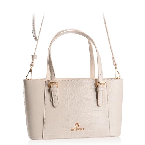 BETLEWSKI Damen Umhängetasche – Handtasche – Kleine Tasche Miley – Kunstleder – Lackoberfläche – Krokodilmuster – 2 Farben – Verstellbarer & Abnehmbarer Schulterriemen – Alltag (Beige) von BETLEWSKI