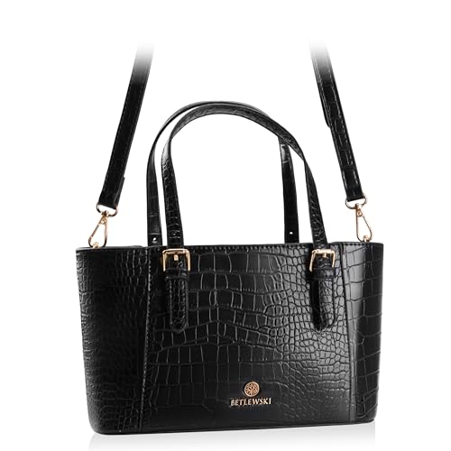 BETLEWSKI Damen Umhängetasche – Handtasche – Kleine Tasche Miley – Kunstleder – Lackoberfläche – Krokodilmuster – 2 Farben – Verstellbarer & Abnehmbarer Schulterriemen – Alltag (Schwarz) von BETLEWSKI