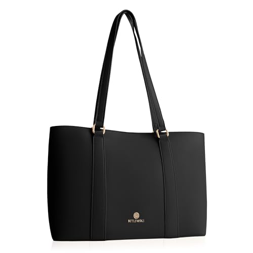 BETLEWSKI Damentasche Shopper Miley – große Handtasche aus Kunstleder – 2 Farben – Schultertasche mit zwei Henkeln – goldene Details - für Dokumente im A4-Format (Schwarz) von BETLEWSKI