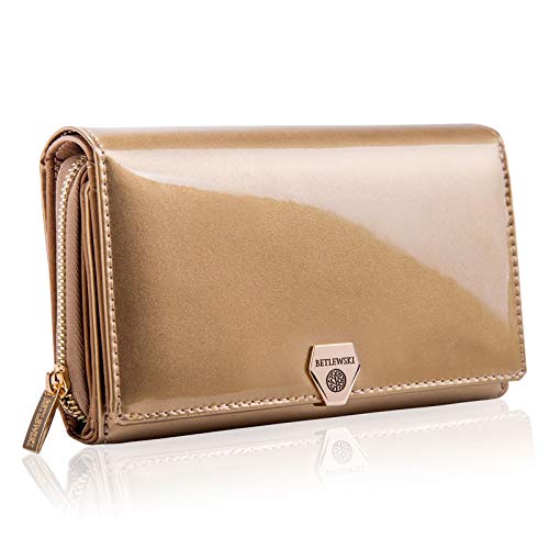 BETLEWSKI - Geldbörse für Damen aus Leder RFID Blocker Karten Portemonnaie Geldbeutel Damen mit Zertifikat - Ledergeldbörse mit vielen Kartenfächer und Münzfach in Gold - 16 x 10 x 4 cm von BETLEWSKI