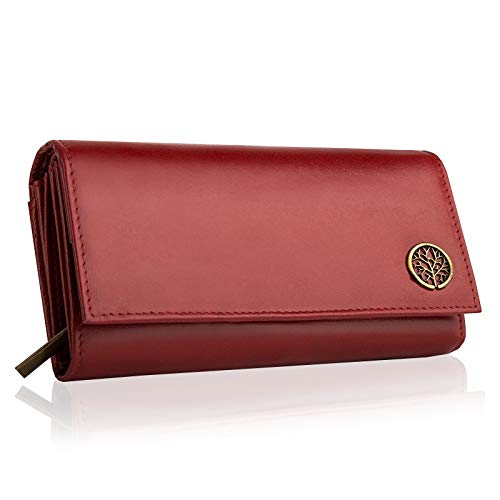 BETLEWSKI - Geldbörse für Damen aus Leder - RFID Blocker Karten Portemonnaie - Geldbeutel Damen mit Zertifikat - Ledergeldbörse mit vielen Kartenfächer und Münzfach in Rot 17,5 x 9 x 4 cm von BETLEWSKI