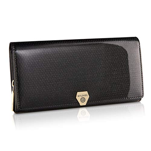 BETLEWSKI - Geldbörse für Damen aus Leder - RFID Blocker Karten Portemonnaie - Geldbeutel Damen mit Zertifikat - Ledergeldbörse mit vielen Kartenfächer und Münzfach in Schwarz von BETLEWSKI