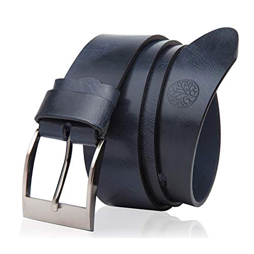 BETLEWSKI - Gürtel Herren Ledergürtel Herren - Herren-Gürtel aus natürlichem Rindsleder mit Kürzungsmöglichkeit - Gurtel echt Leder mit Zertifikat - Länge 100 cm - Dunkelblau von BETLEWSKI