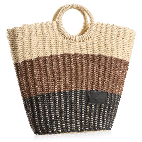 BETLEWSKI Sommerkorb - Strandkorb Solly - Damenhandtasche - Handtasche mit kurzen Griffen - Große Tasche - Natürliche Farben - Zellulosefaser von BETLEWSKI
