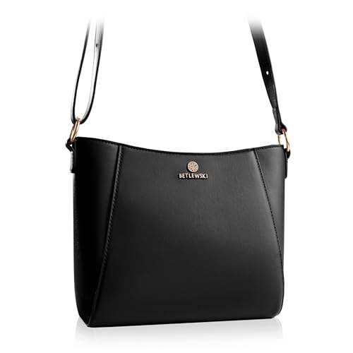 BETLEWSKI Umhängetasche Damen Miley – klassische Crossbody Bag aus Kunstleder – 2 Farben – langer verstellbarer Schulterriemen – Handtasche mit 2 Innenfächern (Schwarz) von BETLEWSKI