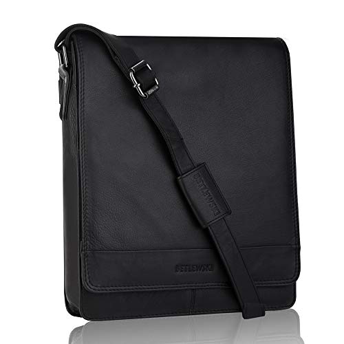 BETLEWSKI Umhängetasche Herren Leder Schultertasche Herrentasche für Arbeit Reise Alltagsleben | Cambridge, 31 x 26 x 7 (Schwarz) von BETLEWSKI