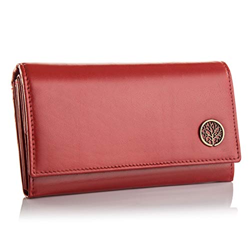 BETLEWSKI - Geldbörse für Damen aus Leder - RFID Blocker Karten Portemonnaie - Geldbeutel Damen mit Zertifikat - Ledergeldbörse mit vielen Kartenfächer und Münzfach in Rot - 16,5 x 9,5 x 3 cm von BETLEWSKI