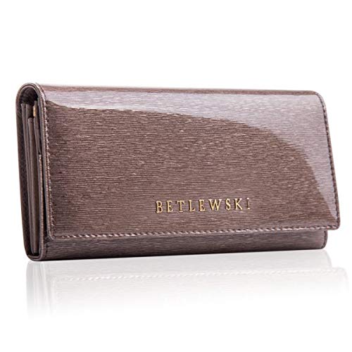 BETLEWSKI - Geldbörse für Damen aus Leder - RFID Blocker Karten Portemonnaie - Geldbeutel Mittelgroß - Lackierte Natur Ledergeldbörse mit vielen Kartenfächer und Münzfach in Grau- 10 x 18 x 4 cm von BETLEWSKI