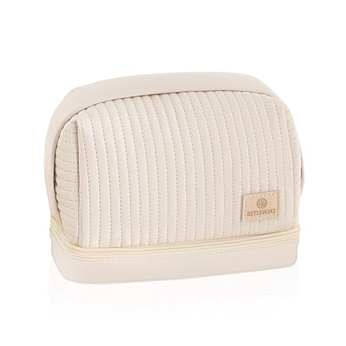Reise-Kosmetiktasche – Betlewski – umweltfreundliches PU-Leder – Modell Stella – wasserabweisendes Innenfutter – Farbe Beige – Damen-Kosmetiktasche – halbrunde Form von BETLEWSKI