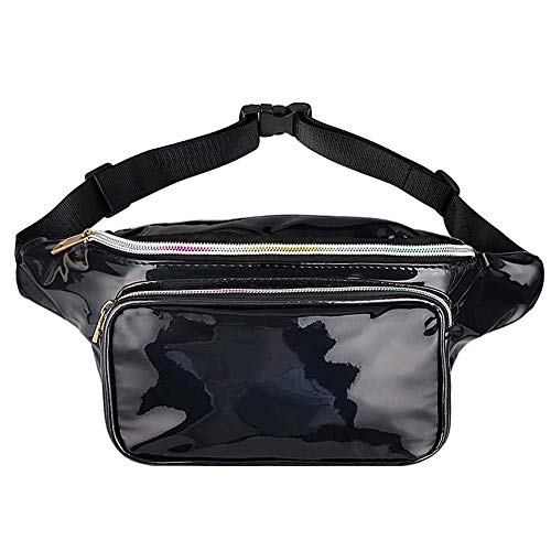 BETOY Hipster Bauchtasche Gürteltasche Hüfttasche PU Leder Reflektierender Wasserdicht Hüfttaschen Wasserdicht Sport Outdoor Aktivitäten glänzend Travel Umhängetaschen Damen Männer (Schwarz von BETOY