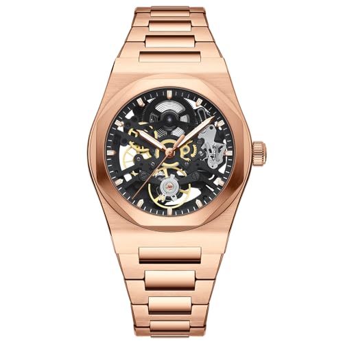 BETTIMER Automatikuhren Herren mit Skelett-Design Schweizer SL2203 Automatikwerk 38,5mm 316L Edelstahl 10ATM Wasserdicht Saphirglas mit 3-Fach AR-Beschichtung Mechanische Uhr Herren (Gold) von BETTIMER
