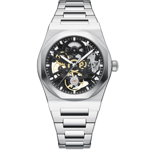 BETTIMER Automatikuhren Herren mit Skelett-Design Schweizer SL2203 Automatikwerk 38,5mm 316L Edelstahl 10ATM Wasserdicht Saphirglas mit 3-Fach AR-Beschichtung Mechanische Uhr Herren (Silber) von BETTIMER