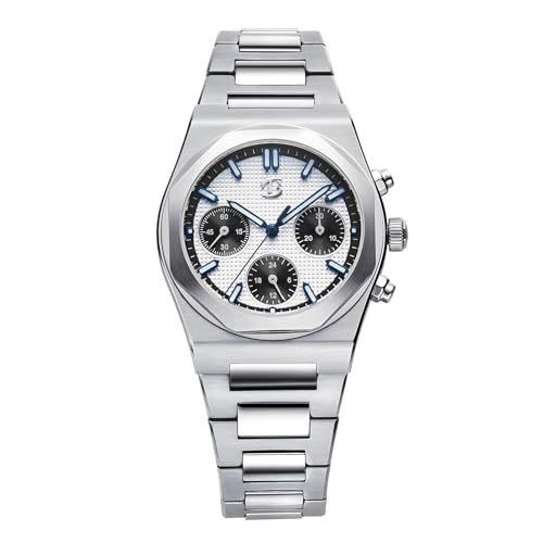 BETTIMER Herren Chronograph Mechanikuhr mit Handaufzug ST1903 Werk - 38,5 mm Gehäuse aus 316L Edelstahl, Saphirglas, 100 m wasserdicht (Weiß) von BETTIMER