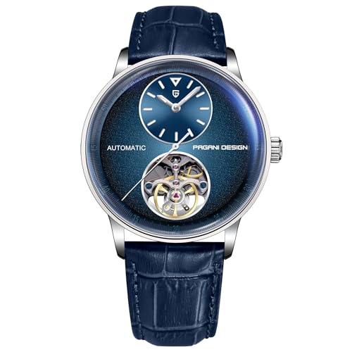 Pagani Design Herrenuhr Automatik Mechanisch Skelettdesign mit Kleiner Lünette 42mm Edelstahlgehäuse & PU-Lederband 10ATM wasserdicht (100m) (Hellblau) von BETTIMER