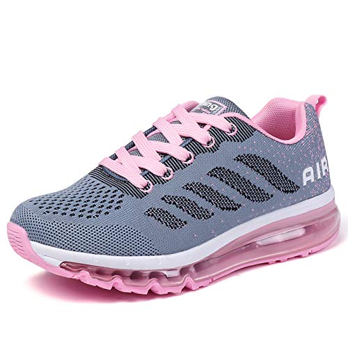 frysen Herren Damen Sportschuhe Laufschuhe mit Luftpolster Turnschuhe Profilsohle Sneakers Leichte Schuhe Gray Pink 34 von frysen