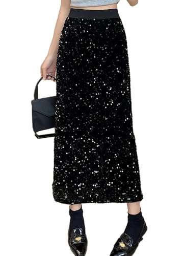 BETYFUL Glitzerrock Damen Elegant Pailletten Rock Langer Fall Winter A Linien Rock Samt Elastische Hohe Taille Sparkle Split Maxi Rock Night Out Party Clubrock von BETYFUL
