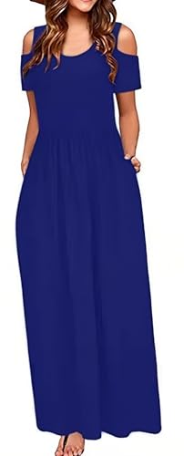 BETYFUL Sommerkleid Damen Lang Maxi Kleid Sommer Elegant Freizeitkleid Kurzarm Cold Shoulder Kleider mit Taschen von BETYFUL