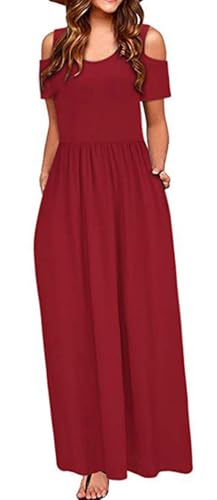 BETYFUL Sommerkleid Damen Lang Maxi Kleid Sommer Elegant Freizeitkleid Kurzarm Cold Shoulder Kleider mit Taschen von BETYFUL