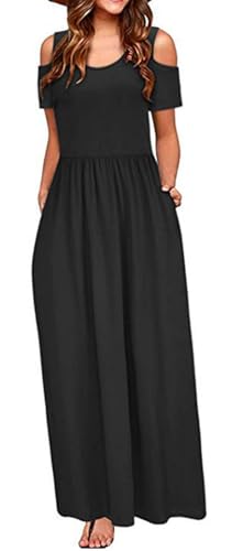 BETYFUL Sommerkleid Damen Lang Maxi Kleid Sommer Elegant Freizeitkleid Kurzarm Cold Shoulder Kleider mit Taschen von BETYFUL
