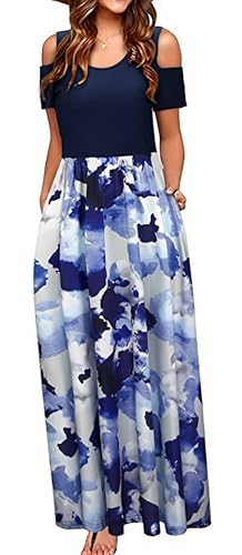 BETYFUL Sommerkleid Damen Lang Maxi Kleid Sommer Elegant Freizeitkleid Kurzarm Kalte Schulter Kleider mit Taschen von BETYFUL
