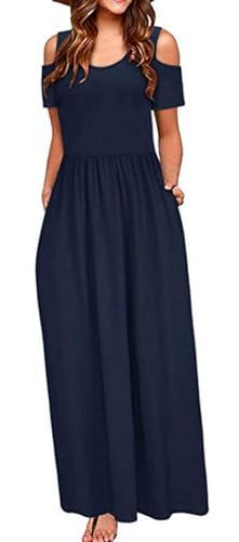 BETYFUL Sommerkleid Damen Lang Maxi Kleid Sommer Elegant Freizeitkleid Kurzarm Kalte Schulter Kleider mit Taschen von BETYFUL