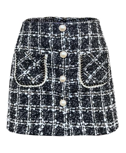 Karierter Damen Rock Elegant Minirock Tweed Kurzer Rock Hoher Bund Karo Rock A-Linie Winterrock Mit Taschen und Knöpfenk(Schwarz,L) von BETYFUL