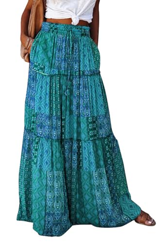 BETYFUL Maxi Rock Damen Langer Sommer Blumen Boho Hohe Elastische Taille Maxirock Stufenrock mit Taschen,A-Linie Strandrock von BETYFUL