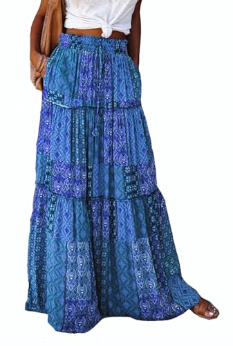 BETYFUL Maxi Rock Damen Langer Sommer Blumen Boho Hohe Elastische Taille Maxirock Stufenrock mit Taschen,A-Linie Strandrock von BETYFUL