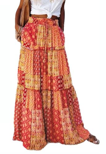 BETYFUL Maxi Rock Damen Langer Sommer Blumen Boho Hohe Elastische Taille Maxirock Stufenrock mit Taschen,A-Linie Strandrock von BETYFUL