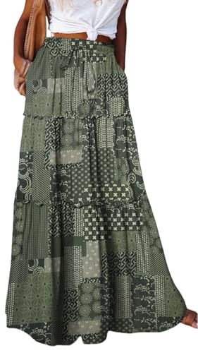 Rock Damen Lang Boho Blumen Hohe Elastische Taille mit Taschen und Gürtel Maxi Skirt Faltenrock Strandrock Freizeitrock von BETYFUL