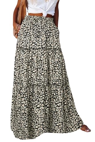 BETYFUL Maxi Rock Damen Langer Sommer Blumen Boho Hohe Elastische Taille Maxirock Stufenrock mit Taschen,A-Linie Strandrock von BETYFUL