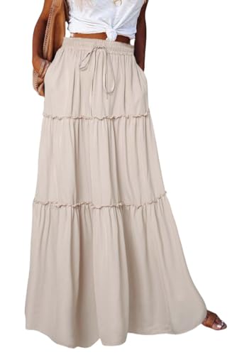 Rock Damen Sommer Lang Boho Blumen Maxirock, Hohe Elastische Taille mit Taschen und Gürtel Maxi Skirt Faltenrock Strandrock Freizeitrock von BETYFUL