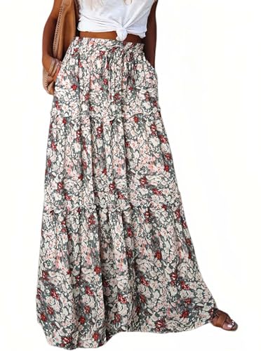 Rock Damen Sommer Lang Boho Blumen Maxirock, Hohe Elastische Taille mit Taschen und Gürtel Maxi Skirt Faltenrock Strandrock Freizeitrock von BETYFUL