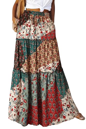 Rock Damen Sommer Lang Boho Blumen Maxirock, Hohe Elastische Taille mit Taschen und Gürtel Maxi Skirt Faltenrock Strandrock Freizeitrock von BETYFUL