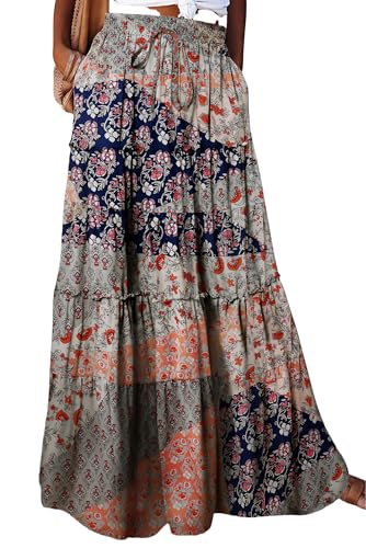 Rock Damen Sommer Lang Boho Blumen Maxirock, Hohe Elastische Taille mit Taschen und Gürtel Maxi Skirt Faltenrock Strandrock Freizeitrock von BETYFUL