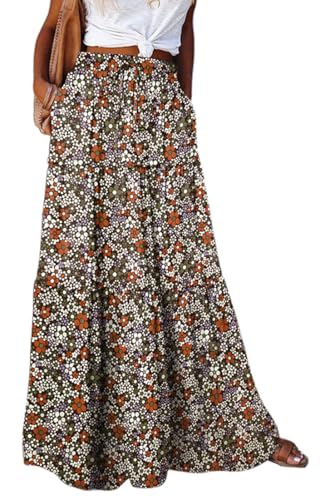 Rock Damen Sommer Lang Boho Blumen Maxirock, Hohe Elastische Taille mit Taschen und Gürtel Maxi Skirt Faltenrock Strandrock Freizeitrock von BETYFUL