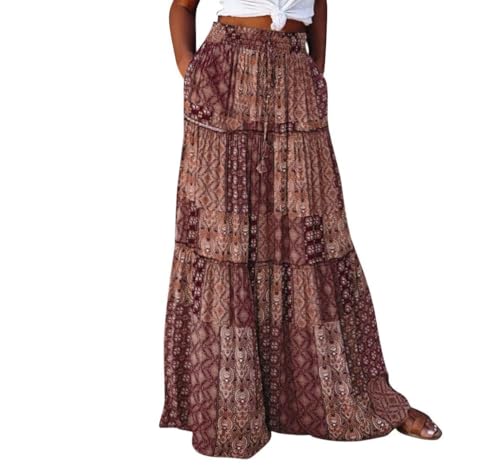 Rock Damen Sommer Lang Boho Blumen Maxirock, Hohe Elastische Taille mit Taschen und Gürtel Maxi Skirt Faltenrock Strandrock Freizeitrock von BETYFUL